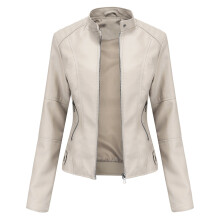 (beige, S) Lett motorsykkel skinnjakke for kvinner, korte bikerjakker