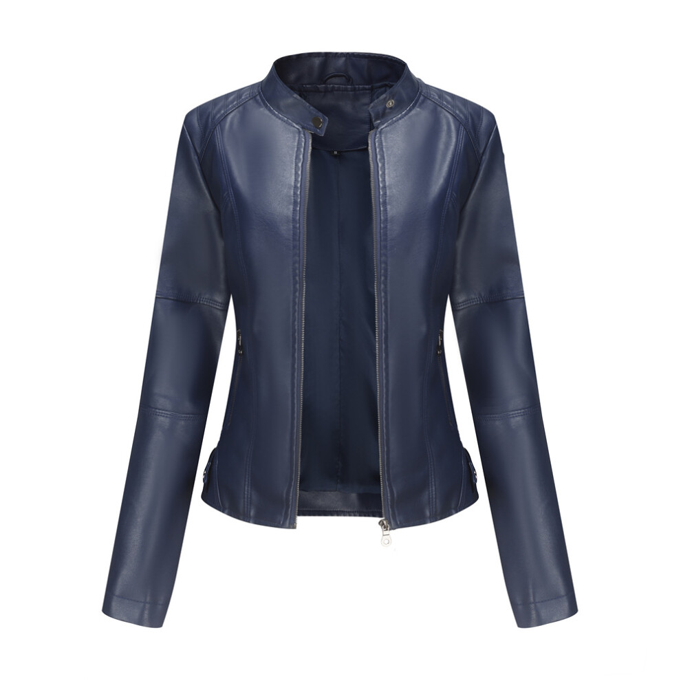 (Dark Xs) Womens Motorcycle Lightweight Leather Jacket Short Biker Jackets Blue 6974549654045