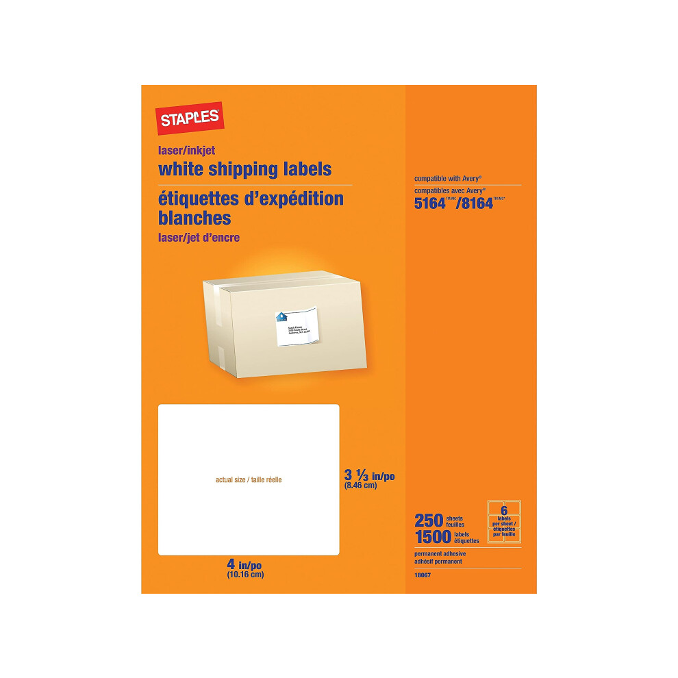 Staples White Shipping Labels 4 x 3 1/3 250 Sheets 1500 Labels