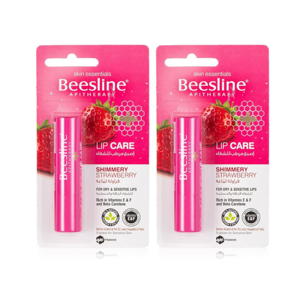 Beesline Shimmery Strawberry Lip Balm 2-Pack | Moisturizes Sensitive Lips with Subtle Shine