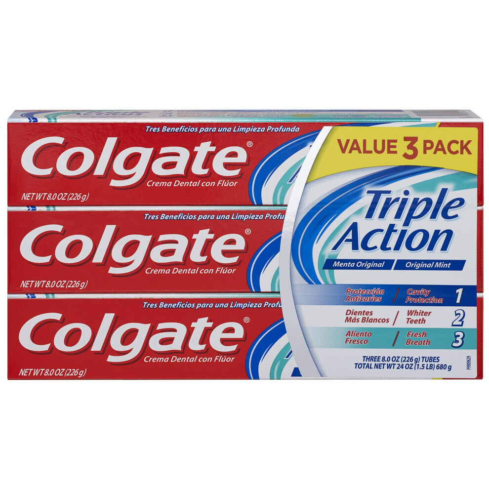 Colgate Triple Action Toothpaste  Mint - 8.0 Ounce (3 Pack)