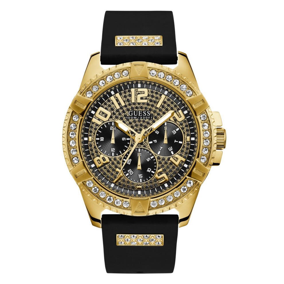 GUESS Comfortable Gold-Tone Black Stain Resistant Silicone Watch with