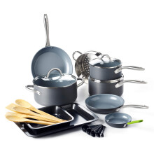 Greenpan Lima twarda Zdrowe Ceramiczne Nonstick 18-czesciowe garnki z naczyniami kuchennymi i zestaw PFAS bez PFAS Safe Grey