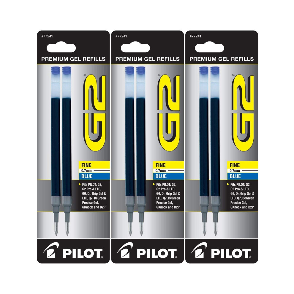 Pilot G2 Gel Ink Pen Refills  Fine Point  0.7mm  Blue Ink  6 Refills