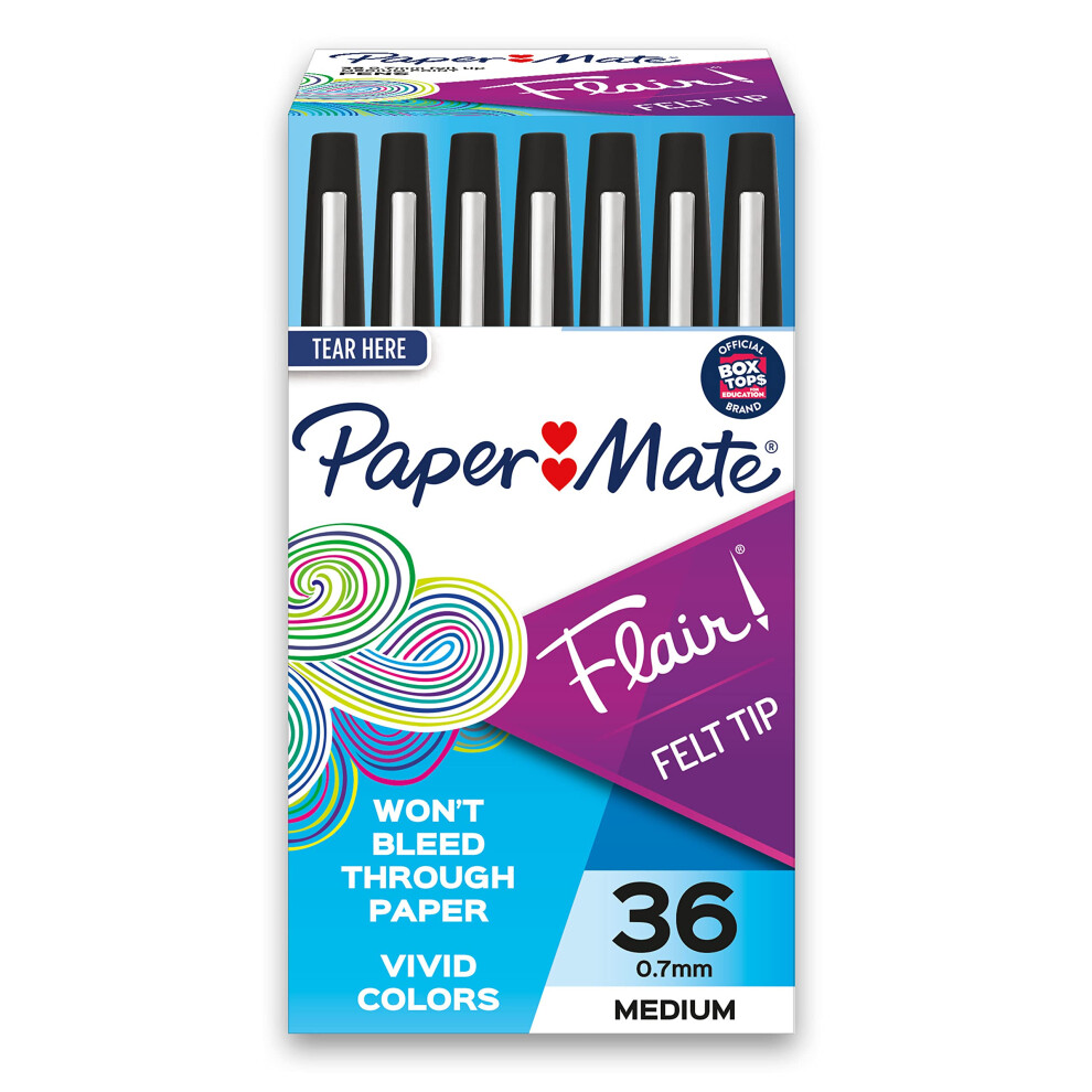 Paper Mate Flair Felt Tip Pens  Medium Point (0.7mm)  Black  36 Count