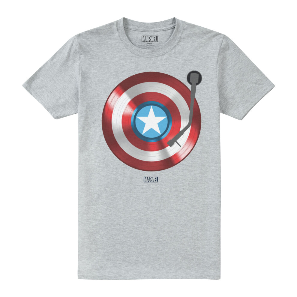 (M, Heather Grey) Captain America Mens Record Shield T-Shirt