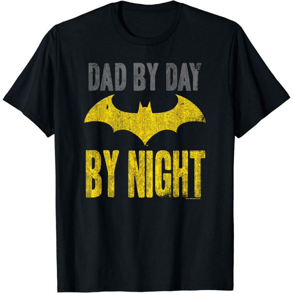 (L, Black/Yellow) Batman Mens Dad By Day T-Shirt