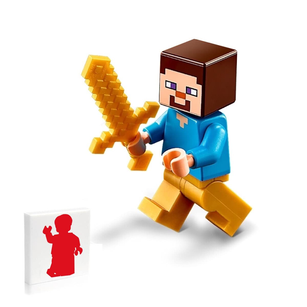 Lego Minecraft Minifigure - Steve With Gold Legs, Gold Sword And Side Display