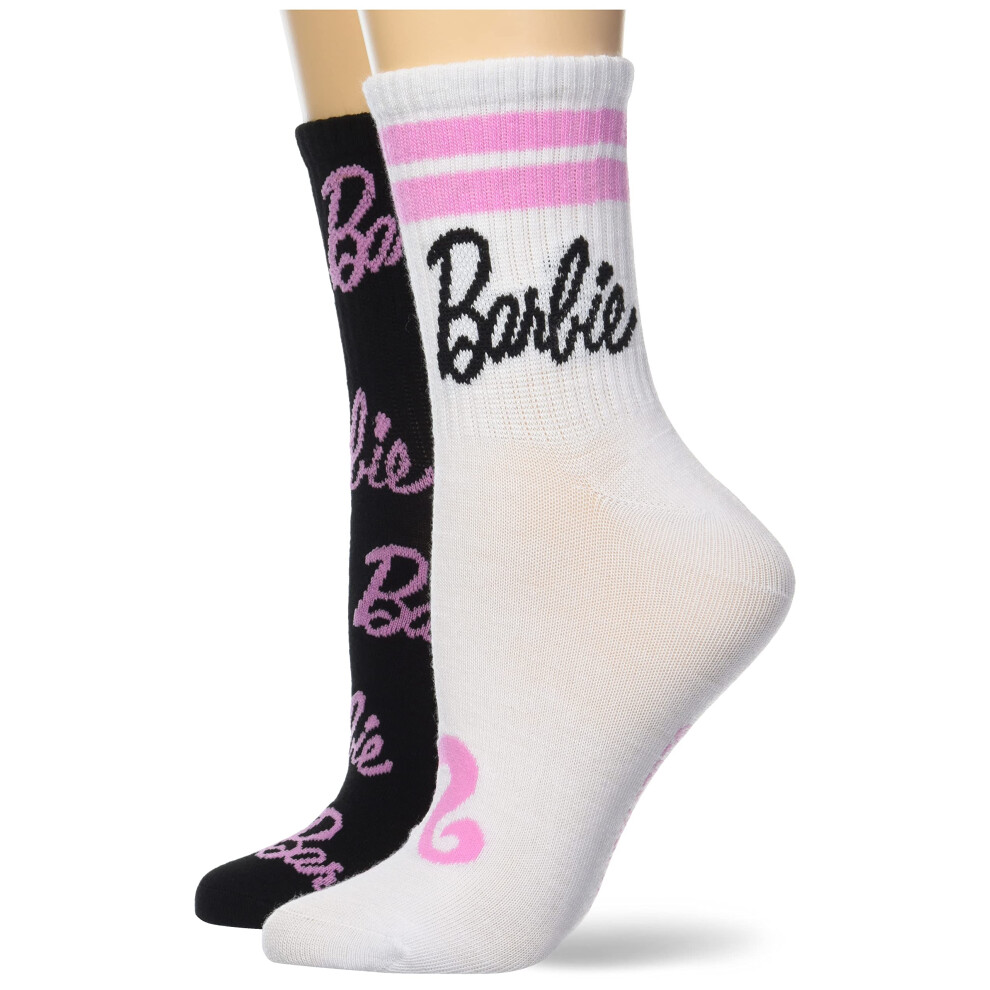 Barbie Women's 2 Pack Mid Crew Socks  White Black Multi  9-11