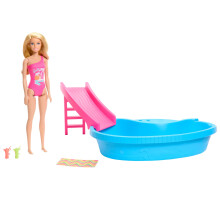 Boneca Barbie e Piscina Playset loira em mai    de uma pe   a de uma pe   a tropical com toalha de slide e acess   rios para bebidas da piscina
