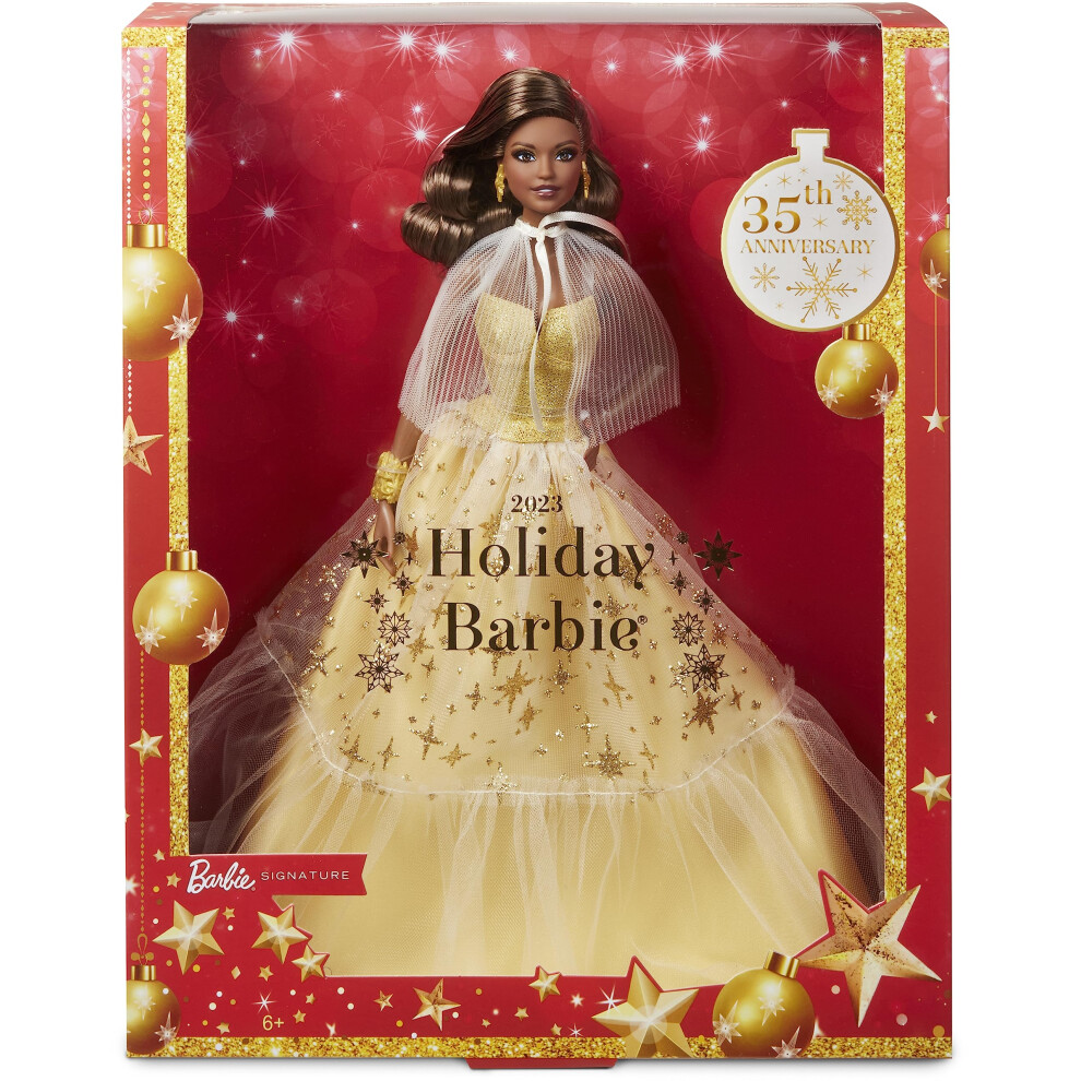 Barbie Signature Doll  2023 Holiday Collectible with Golden Gown & Dar