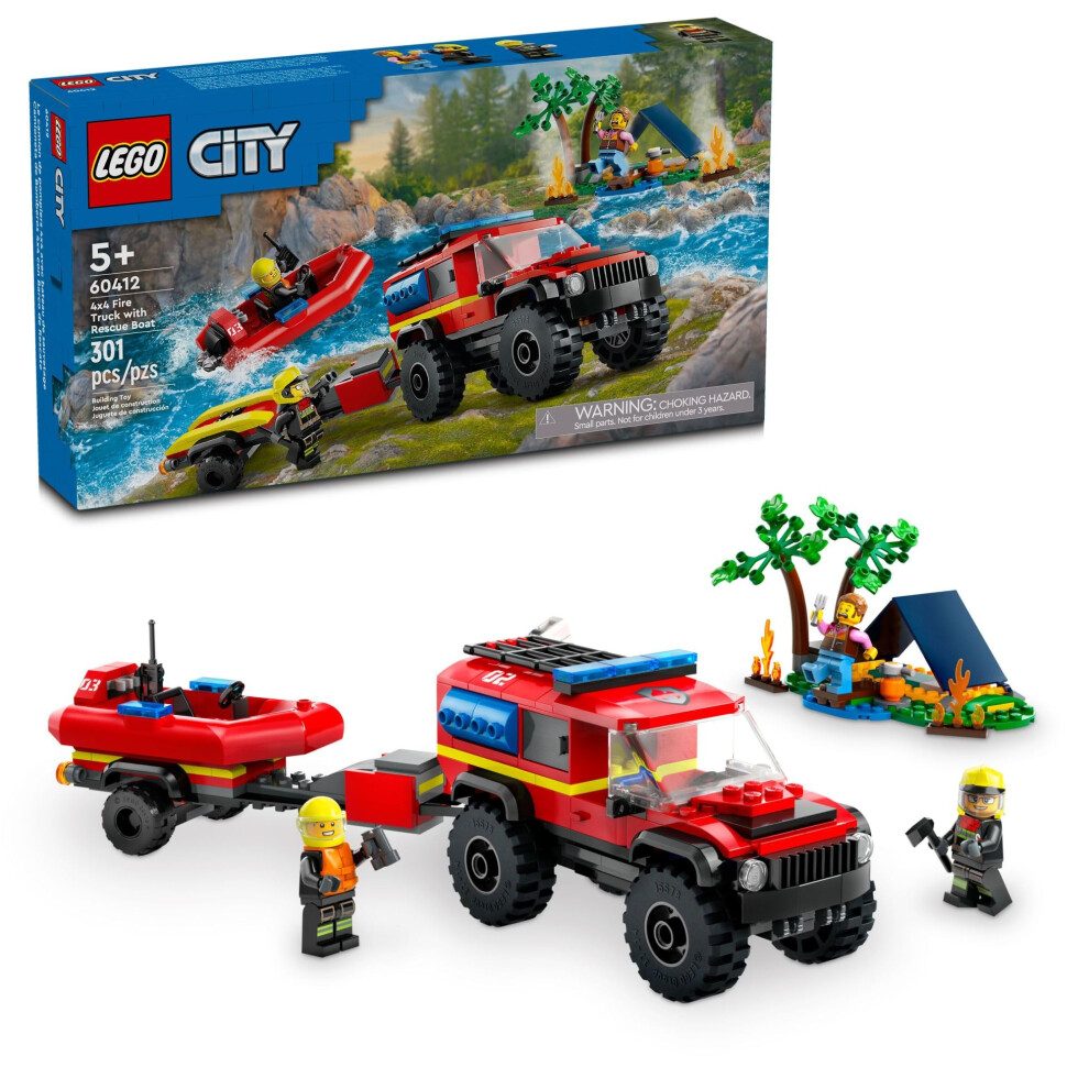 LEGO City 4x4 Fire Truck with Rescue Boat Toy for Kids Ages 5 and Up