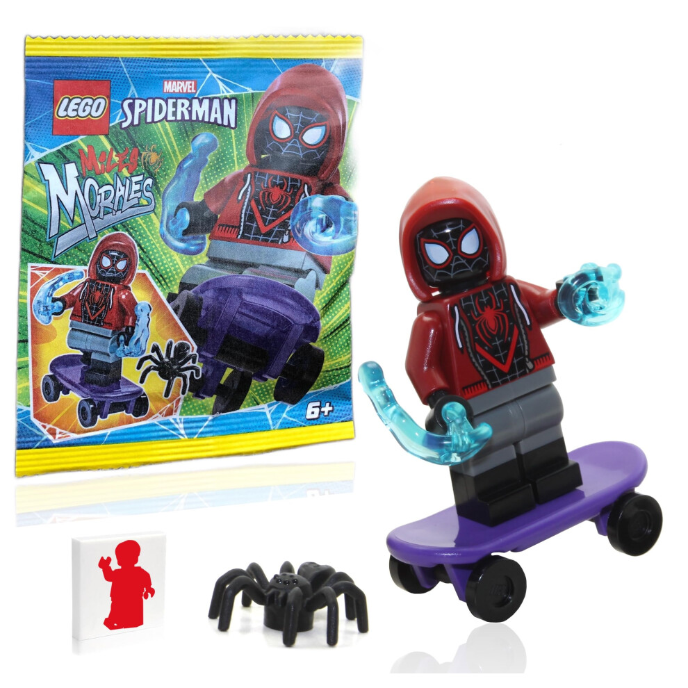 Lego Marvel Superheroes Spider-Man Across The Spider-Verse Minifigure - Miles Morales Minifigure With Skateboard, Spider, Cool Web Blasts, And Minifig