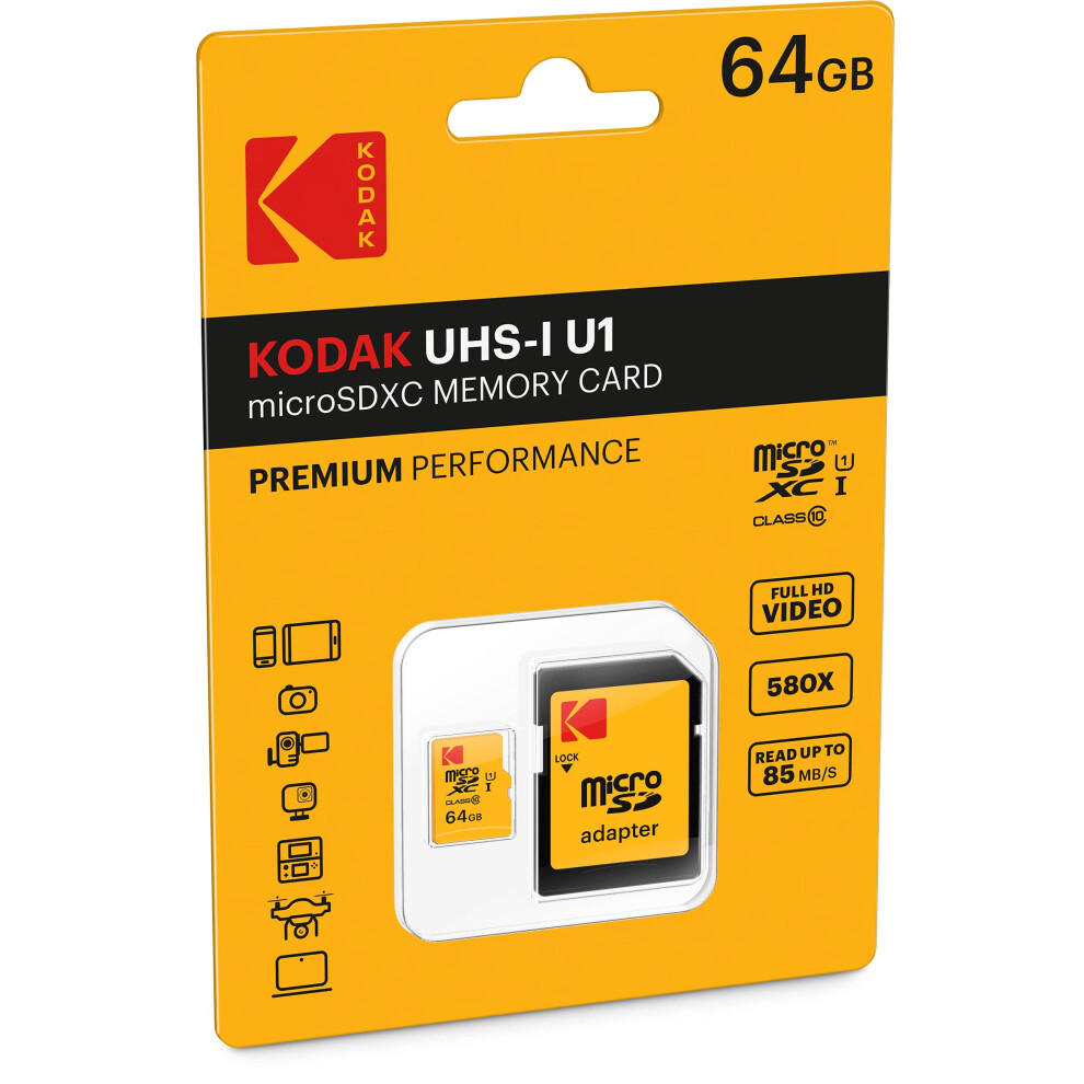 KODAK 64GB Class 10 UHS-I U1 MicroSDXC Card with Adapter 10x Write Spe