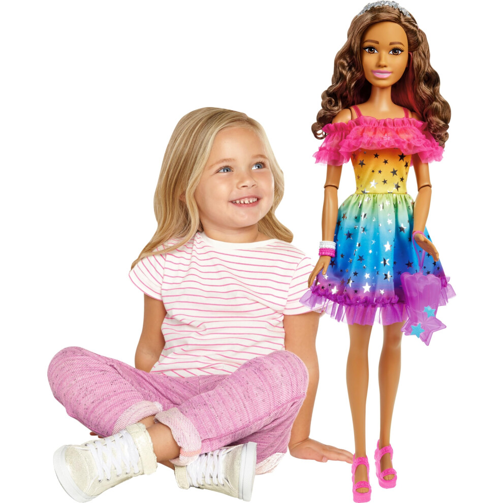 Barbie Large Doll with Brown Hair  28 Inches Tall with Rainbow Dress &