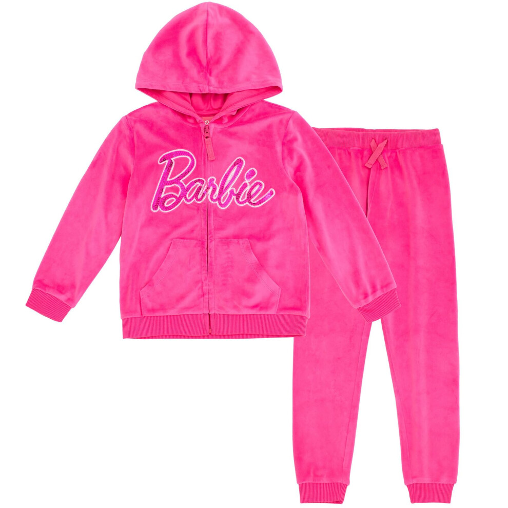 Barbie Big Girls Velour Zip Up Hoodie Pants Outfit Set Pink 14-16