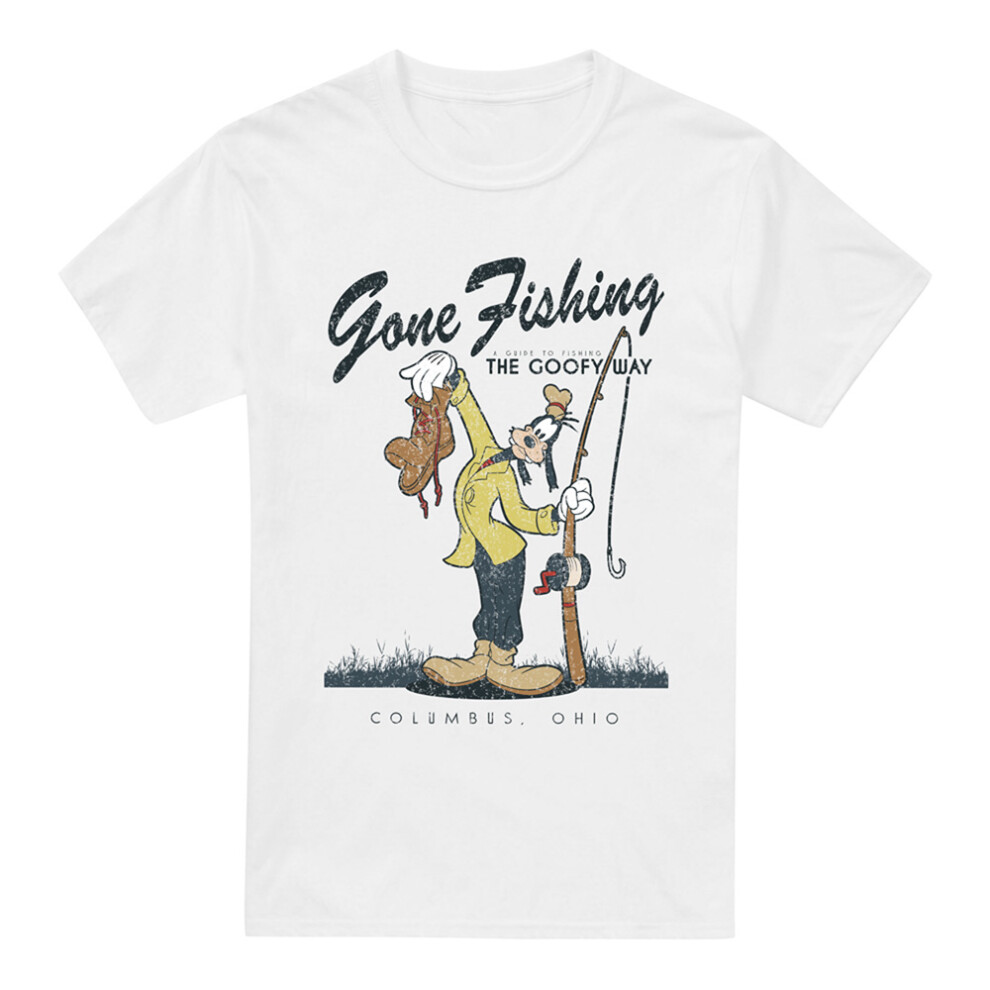 (S, White) Mickey Mouse & Friends Mens Goofy Gone Fishing T-Shirt