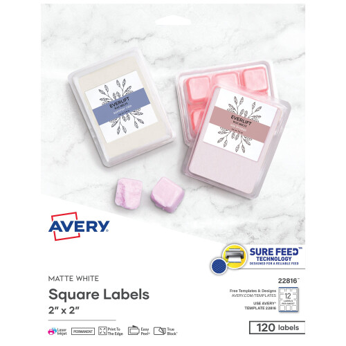 Avery Printable Blank Square Labels 2"""" x 2"""" Matte White 120 Customizable Labels (22816)
