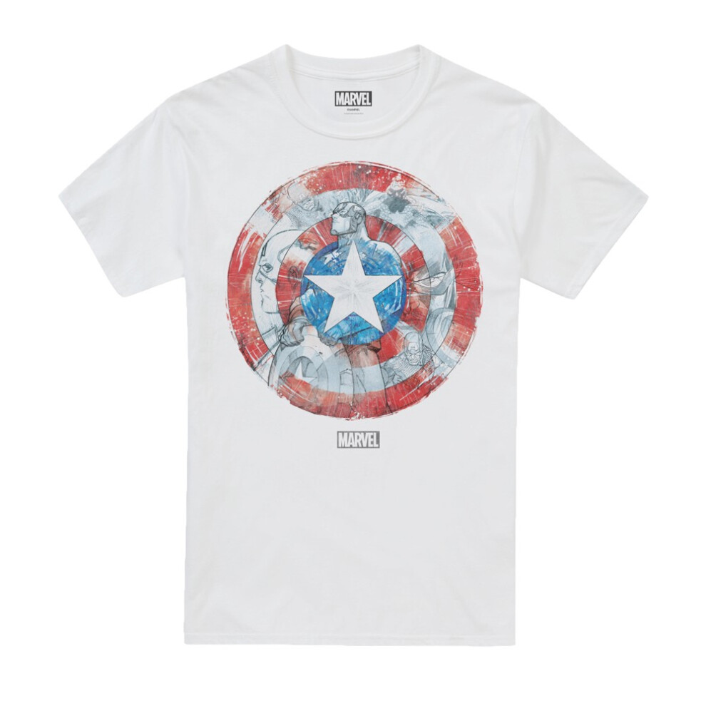 (M, White) Captain America Mens Shield Sketch T-Shirt