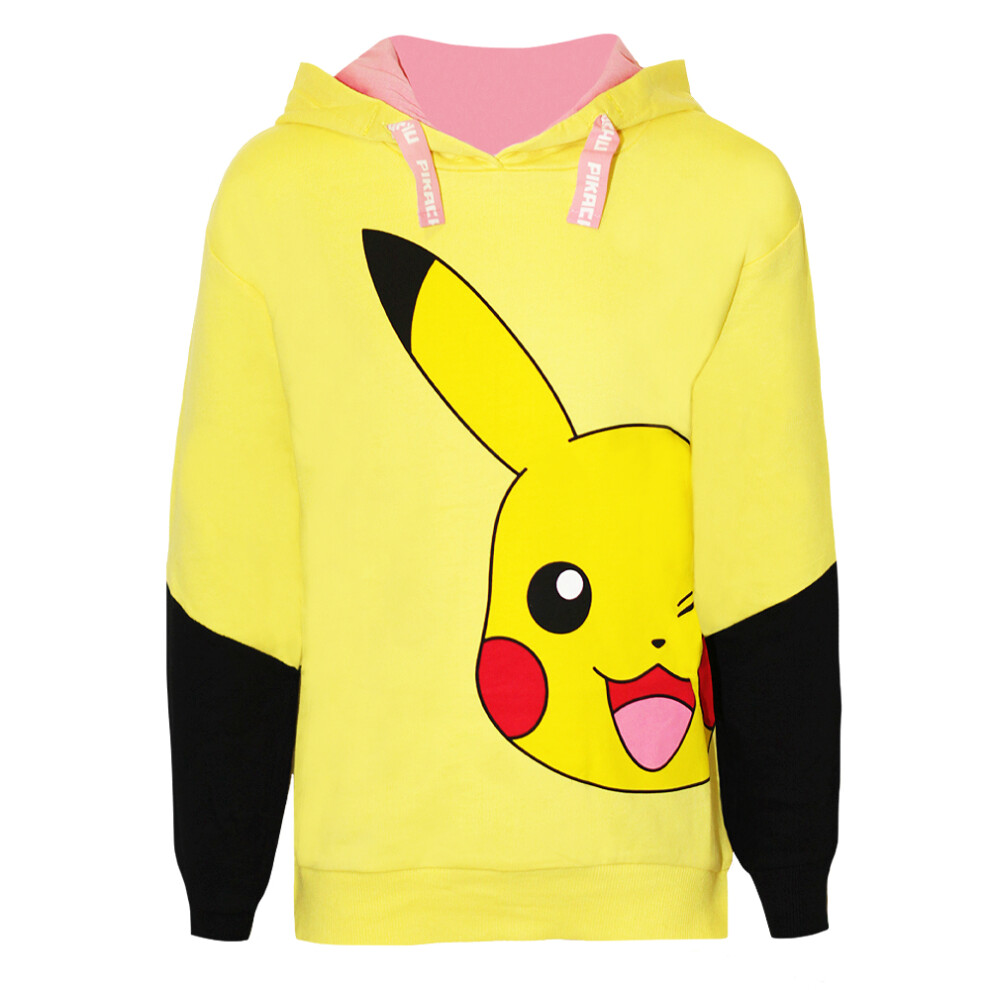 (13-14 Years, Yellow) Pokemon Girls Pikachu Face Drawstring Hoodie