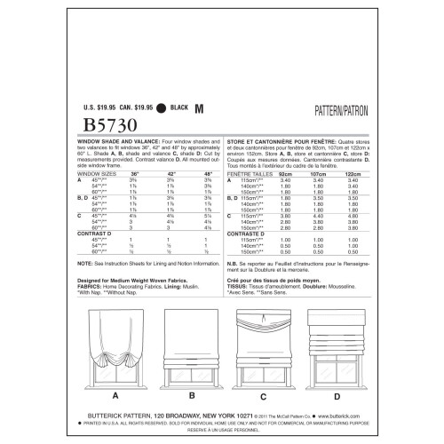 Butterick BUTTERICK PATTERNS B5730 Window Shade and Valance  One Size Only 1