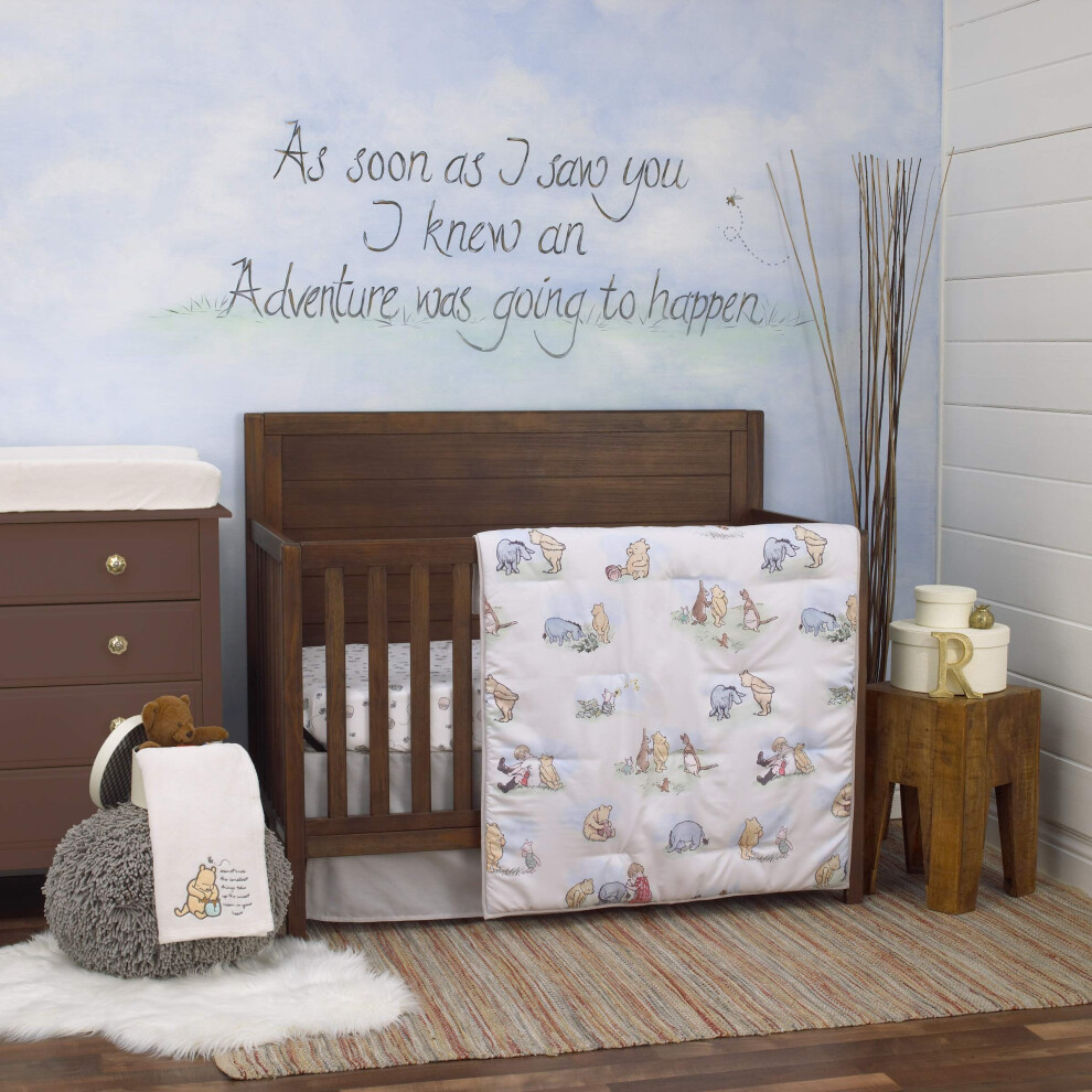 Disney Winnie The Pooh Classic Pooh Ivory, Blue, Sage, Tan Storybook 6 Piece Nursery Crib Bedding Set - Comforter, 2 Fitted Crib Sheets, Dust Ruffle,