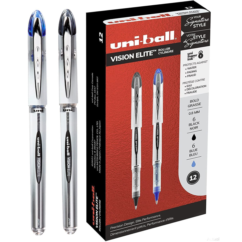 Uniball Vision Elite Rollerball Pens - 12 Pack (6 Black & 6 Blue Ballp