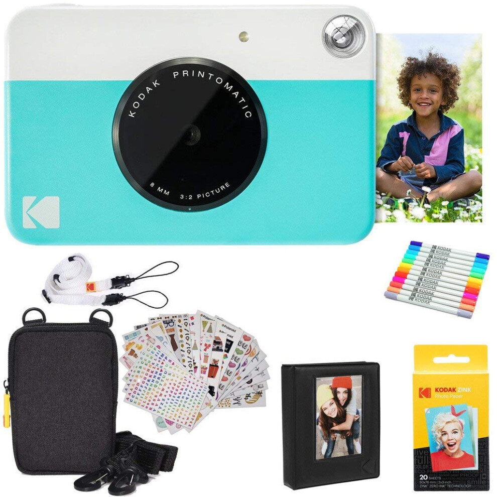 Kodak Printomatic Instant Camera (Blue) Gift Bundle + Zink Paper (20 S