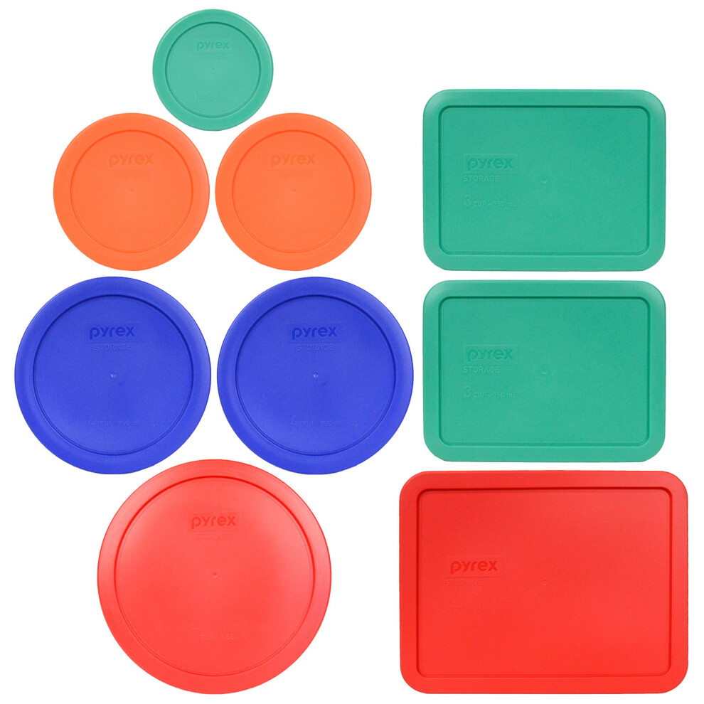 Pyrex (1) 7402-PC 6/7 Red  (2) 7201-PC 4 Cadet Blue  (2) 7200-PC 2 Ora