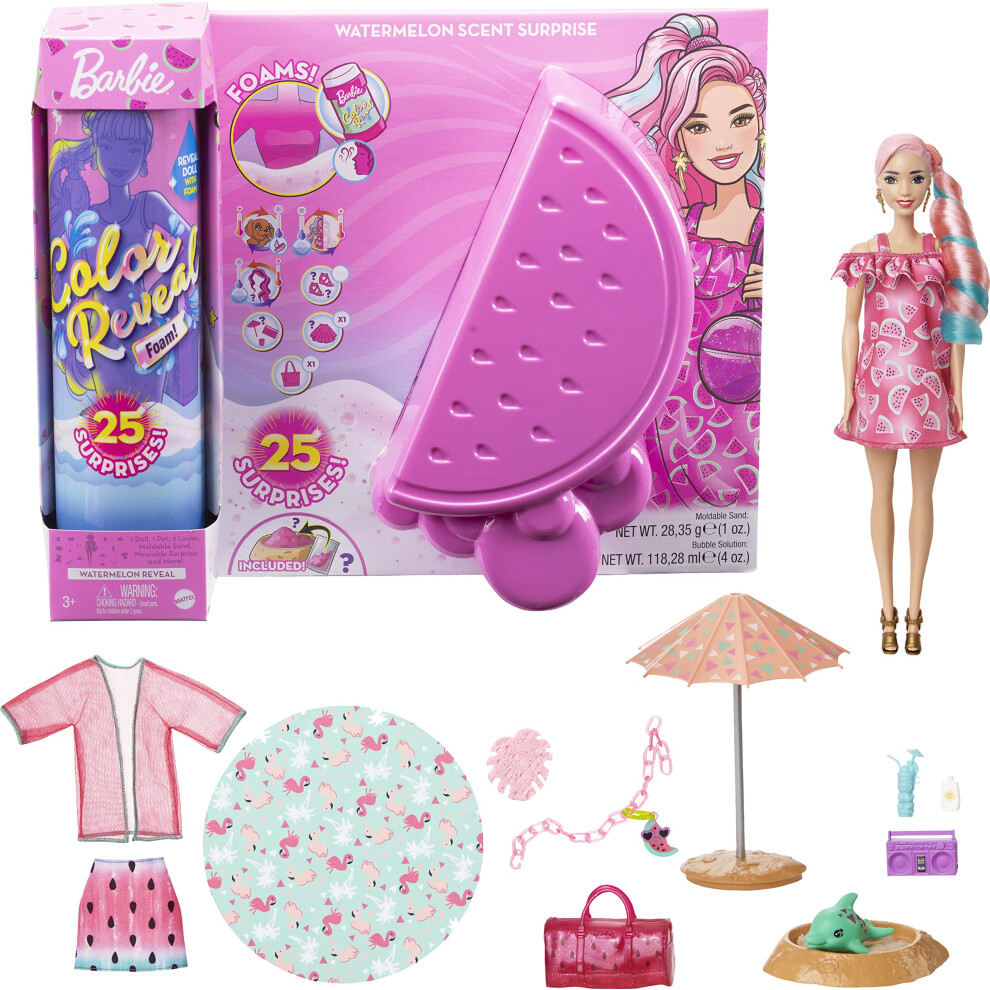 Barbie Color Reveal Foam! Doll & Pet Friend with 25 Surprises: Scented