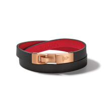Pulsera de cuero negro de doble vuelta con forro rojo y cierre en tono oro rosa para hombre de Bulova Jewelry Latin Grammy