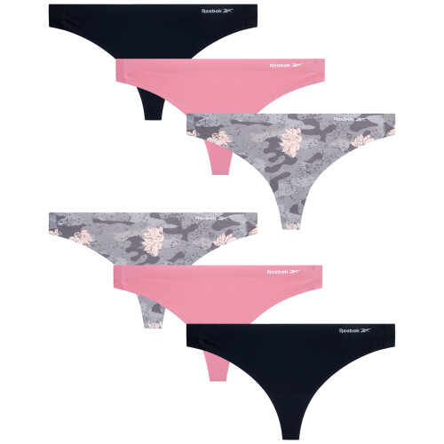 Reebok Reebok Γυναικείες Εσώρουχα - Stretch Performance Thong (6 Pack), Μέγεθος X-Large, Γκρι/Fox Glove/Μαύρο