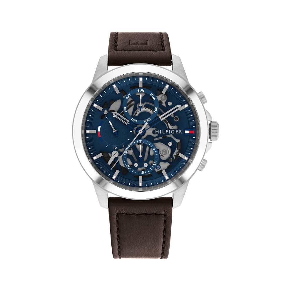 Tommy Hilfiger Men's Multifunction Stainless Steel and Leather Strap W