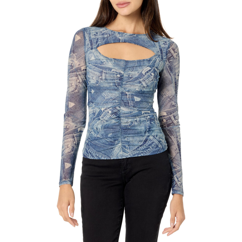 GUESS Women's Long Sleeve Cut-Out Brienna Top  Denim Toss Print