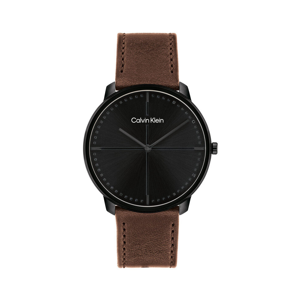 Calvin Klein Iconic Black IP 40 MM Case Watch with Leather Strap (Mode