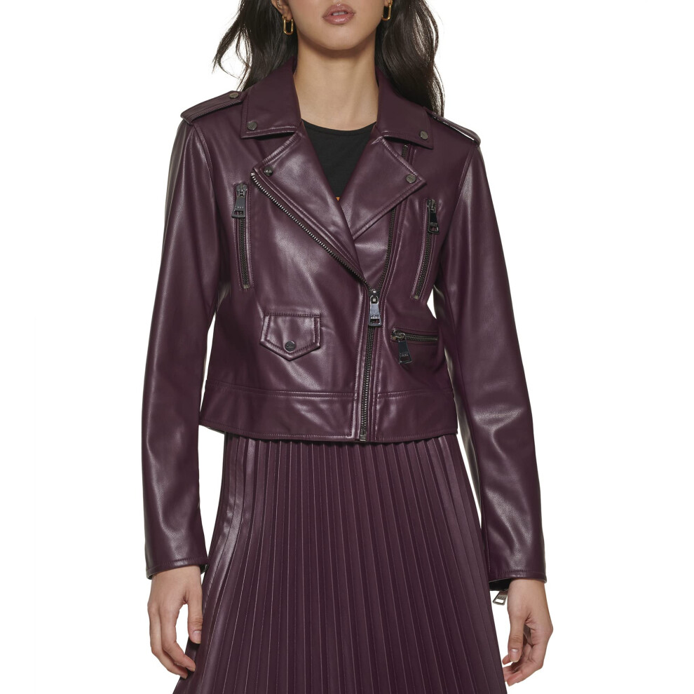 DKNY Women's Zipped Detail Faux Leather Moto Jacket  Bordeaux