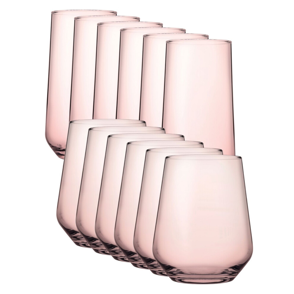 Queensway Home & Dinning ( 6 Highball & 6 Tumbler Glasses Set Of 12) 6/12 Pcs Allegra Coloured Glasses Highball Tumbler Tall Short Cocktails Juice 470/425Ml Pink