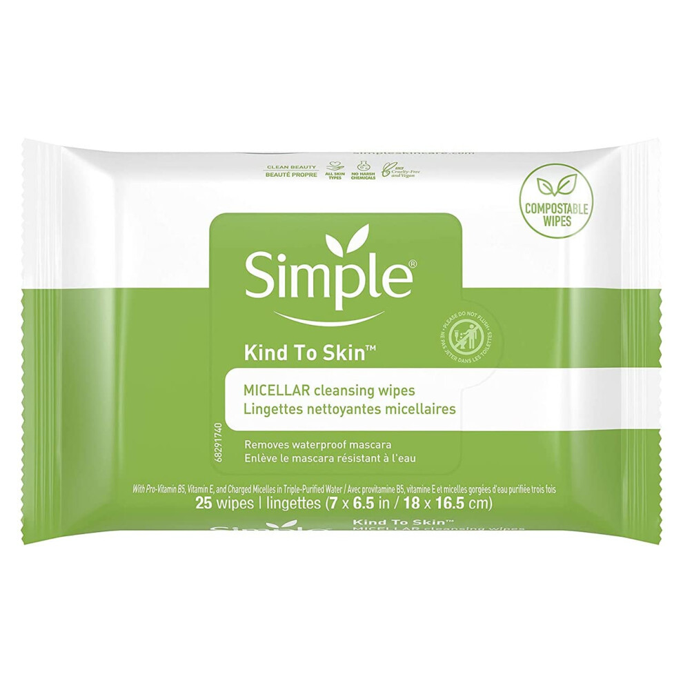 Simple Facial Wipes Micellar  25 Count (Pack of 6)