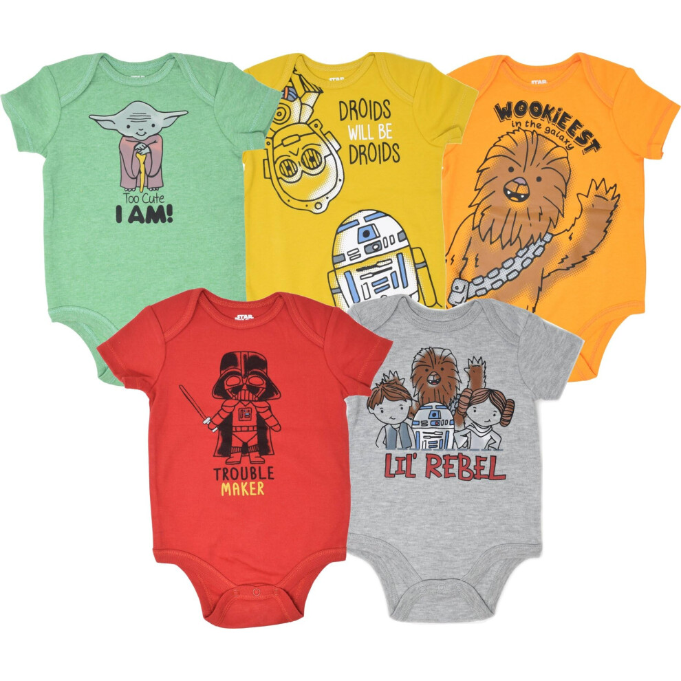 STAR WARS Baby Boys 5 Pack Bodysuits Princess Leia Yoda Han Solo R2D2