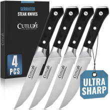 Cutluxe Steak Knives Set of 4 Serrated Steak Knives - Forged High Car