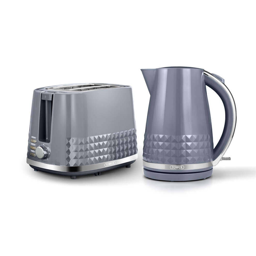 Tower Solitaire Kitchen Set, 1.5L Rapid Boil Kettle & 2 Slice Toaster, Grey and Chrome Accents, T10075GRY, T20082GRY