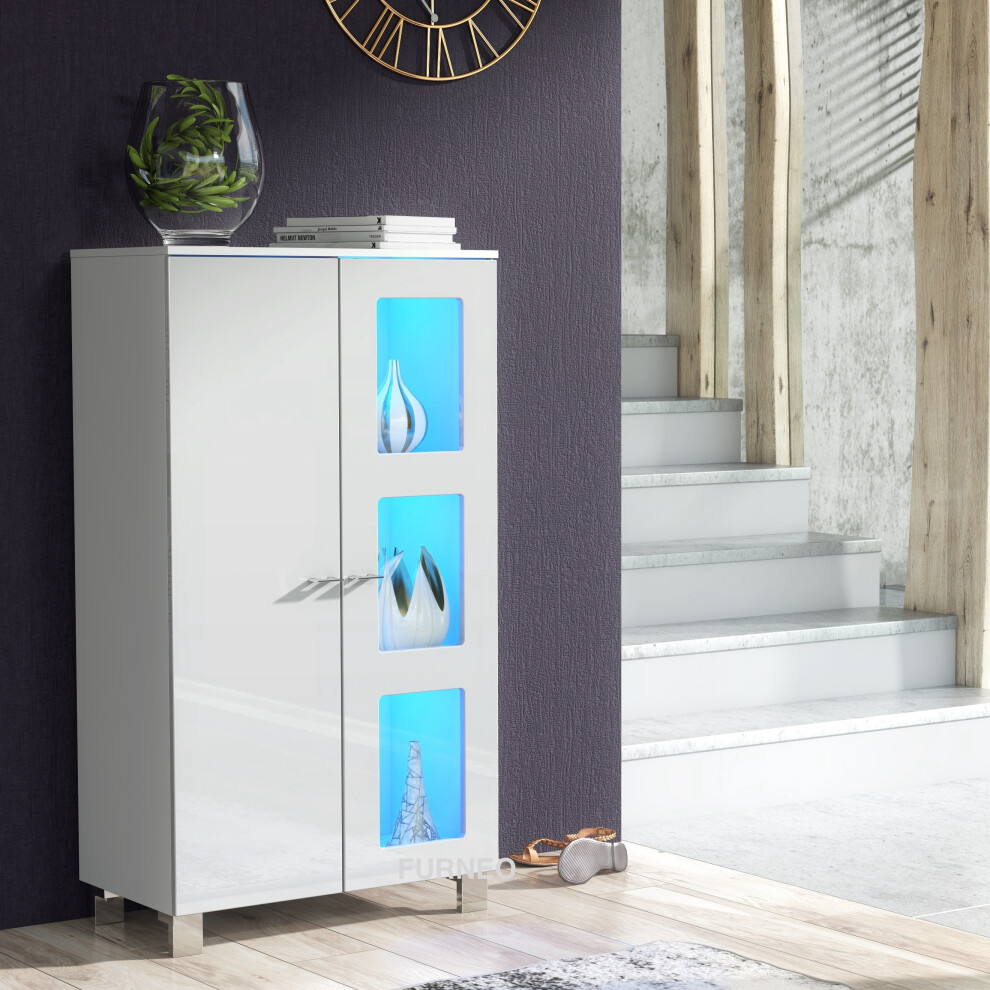 (Blue LED lights) Furneo White Sideboard Cabinet Modern High Gloss &Matt Cupboard LED Lights Mia 02