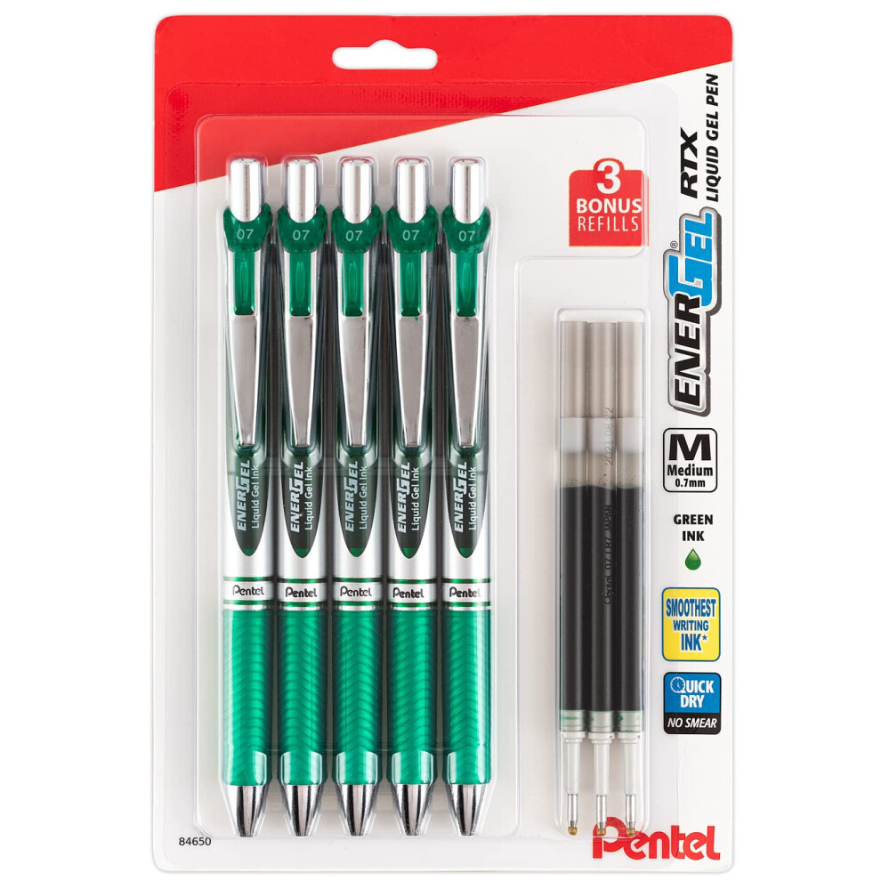 Pentel EnerGel 0.7 mm Liquid Gel Ink Pens - Pack of 5 Green Deluxe RTX