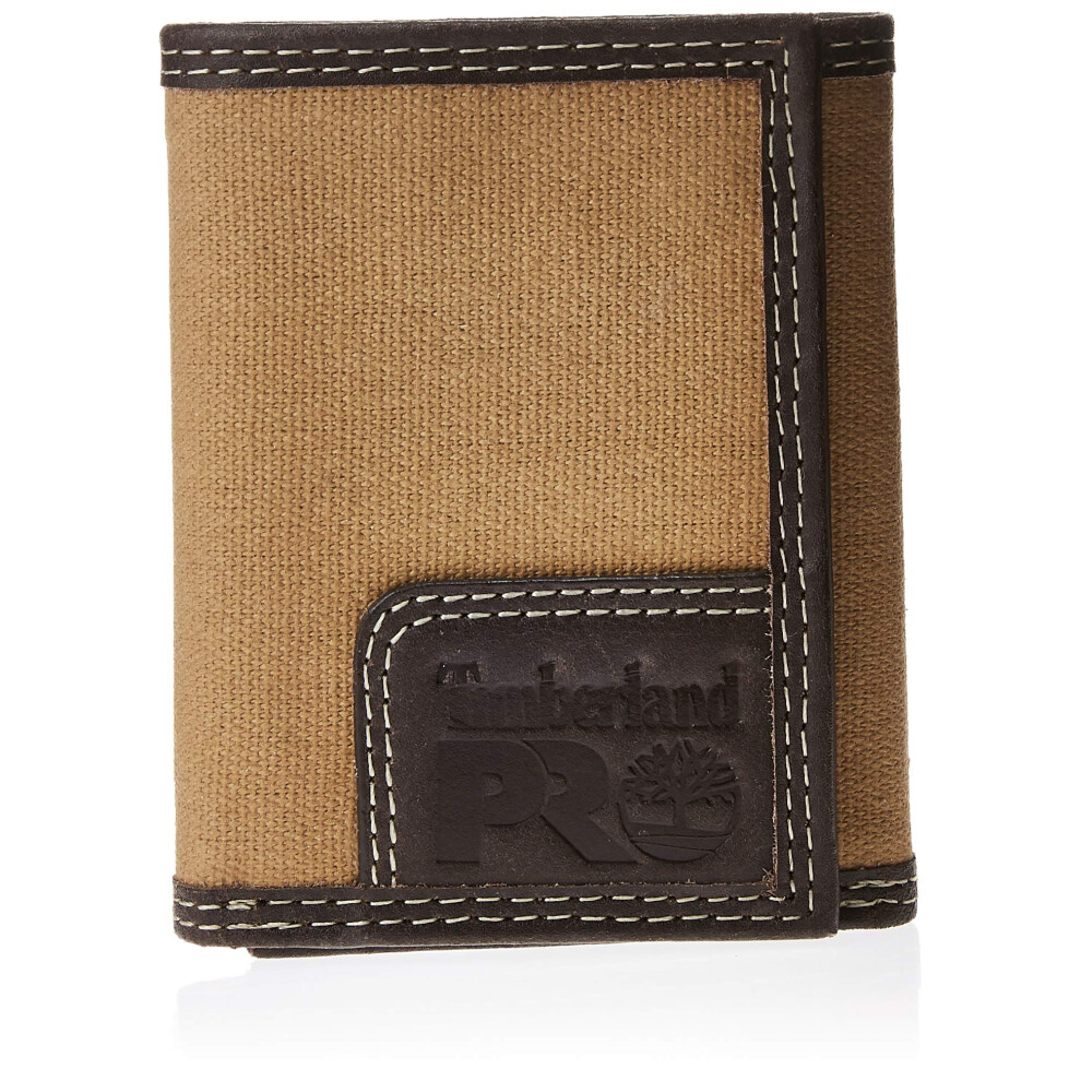 Timberland PRO Men's Canvas Leather RFID Trifold Wallet with Zippered