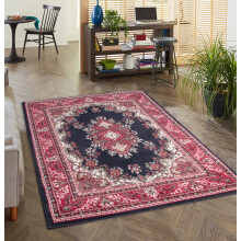 (Navy Blue, Runner L201xW70 cm (6'7"x2'4")) Lancashire Traditional Rug Living Room Medallion Floral Bordered Rug