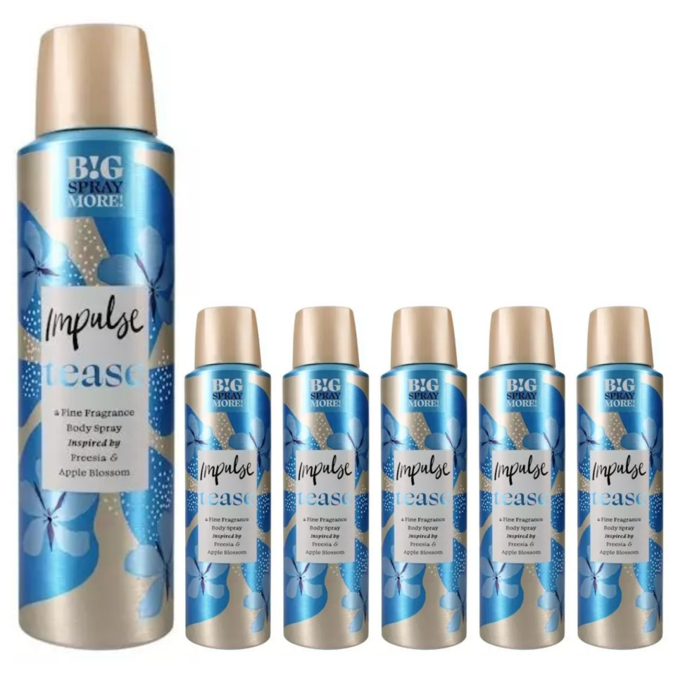 6 x 150ml Impulse Tease Body Deodorant Spray FREESIA & APPLE BLOSSOM