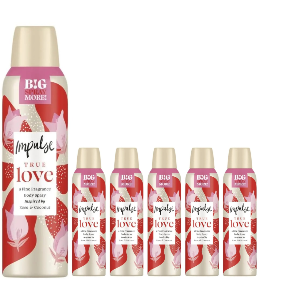 6 x 150ml Impulse TRUE LOVE Deodorant Body Spray Rose & Coconut