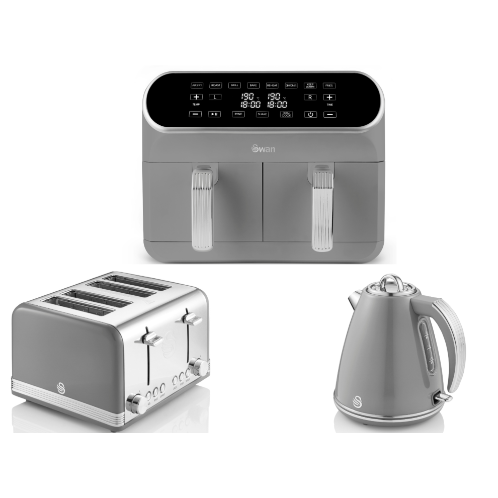 SWAN Retro Grey Kettle. 4 Slice Toaster & Dual Basket Air Fryer Set