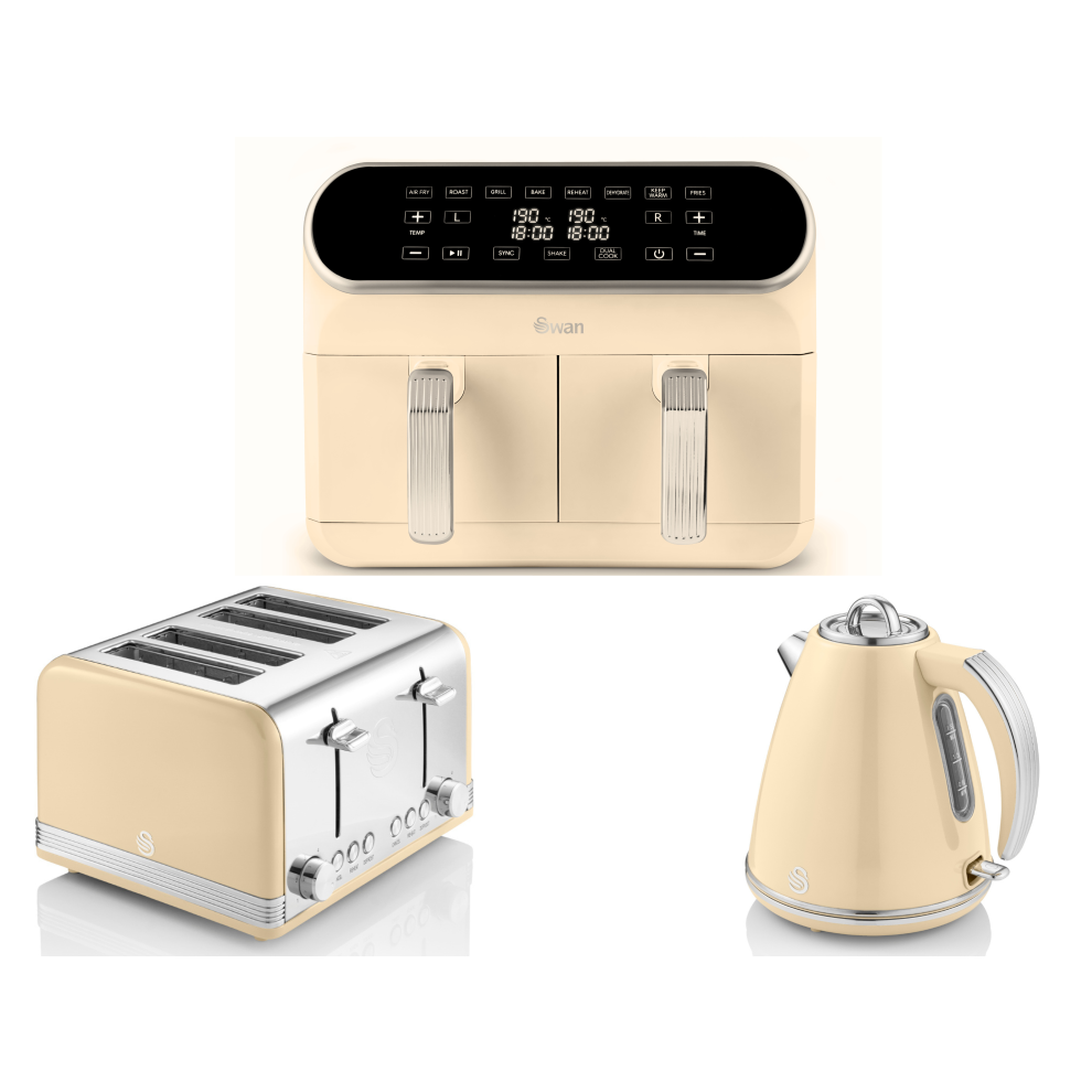 SWAN Retro Cream Kettle 4 Slice Toaster & Dual Basket Air Fryer Set