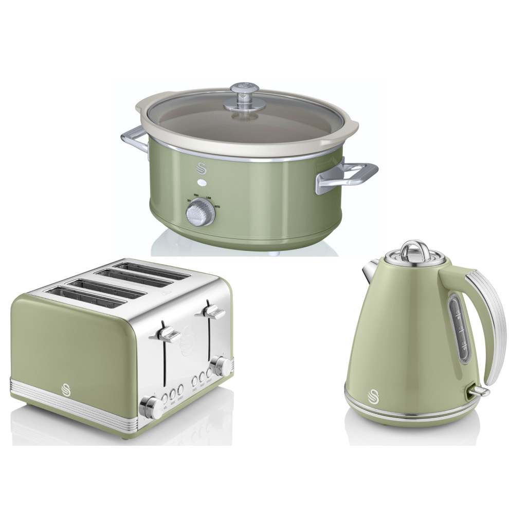 SWAN Retro Green Jug Kettle 4 Slice Toaster & 3.5L Slow Cooker Set